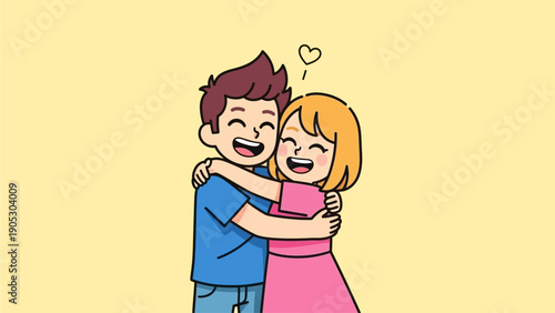 A heartwarming illustration of a happy couple embracing with love and joy, surrounded by a soft yellow background