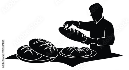 Man arranging bread loaves on a blanket with copy space