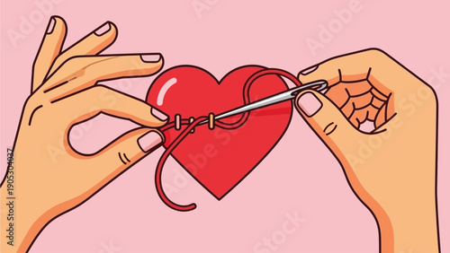 Hands carefully stitching a red heart with a needle and thread, symbolizing repair, healing, and mending emotional wounds