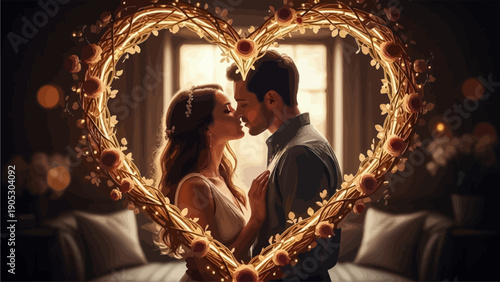 Couple kissing inside a heart-shaped golden wreath with warm, romantic lighting, celebrating love and togetherness