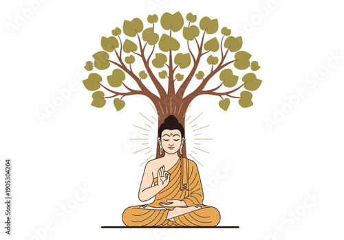 Buddha meditating under a Bodhi tree with rays of light