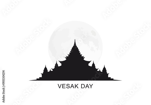 Black silhouette of a Buddhist temple against a large full moon labeled VESAK DAY
