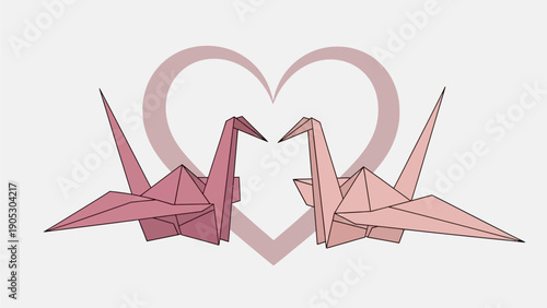 Graceful pair of pink origami cranes, meticulously folded, embodying a deep sense of romantic connection and serene peace, beautifully framed by a soft, ethereal heart emblem