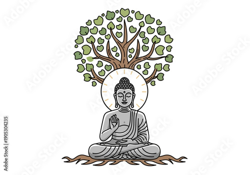 Buddha meditating under a large Bodhi tree with roots visible