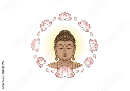 Buddha bust encircled by pink lotus flowers and petals on a white background