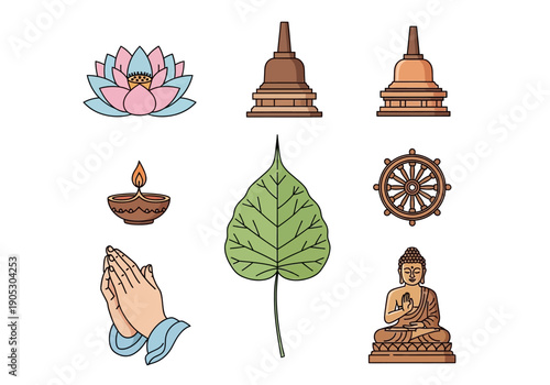 Buddhist symbols including lotus stupas lamp leaf wheel hands and Buddha statue