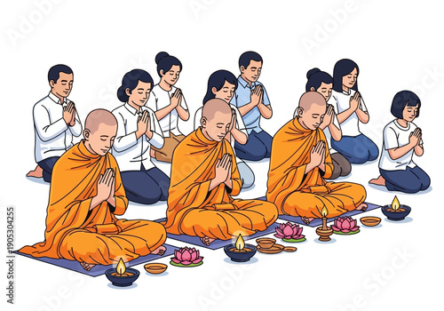 Buddhist monks and laypeople kneeling in prayer with offerings