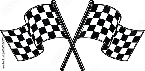 Vector illustration of crossed checkered racing flags with black and white squares, competition victory symbol, motorsport design element for sports graphics