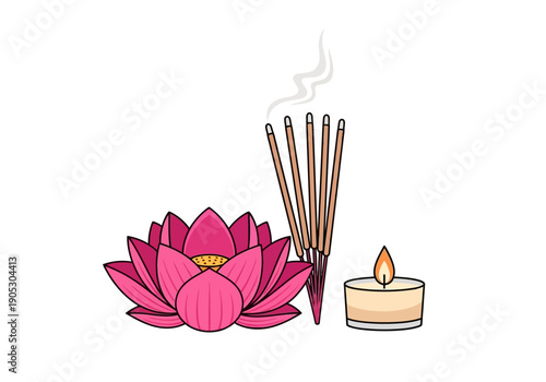 Pink lotus flower burning incense sticks and a lit tea light candle