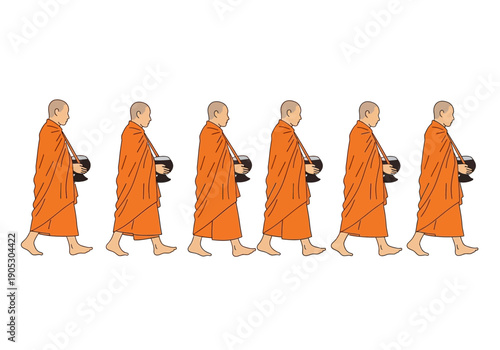 Six Buddhist monks in orange robes walking in a line carrying alms bowls