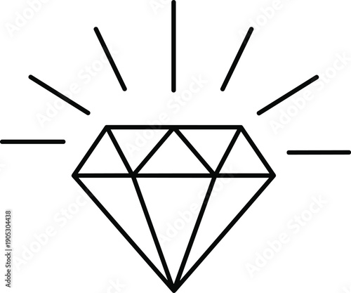 Vector illustration of diamond icon with radiating sparkle lines in black-and-white minimalist design symbolizing luxury, value, brilliance, and excellence