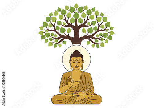 Stylized depiction of Buddha meditating under a Bodhi tree against a white background