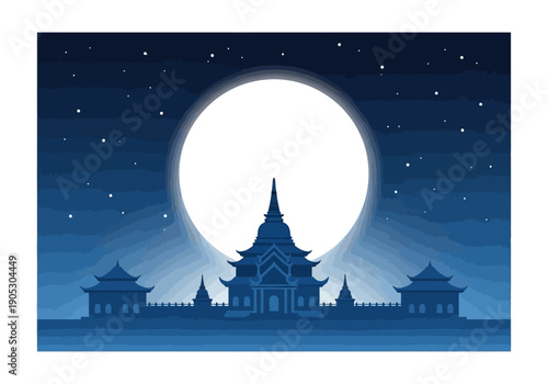 Pixelated dark blue night scene with a large white moon behind an Asian temple silhouette