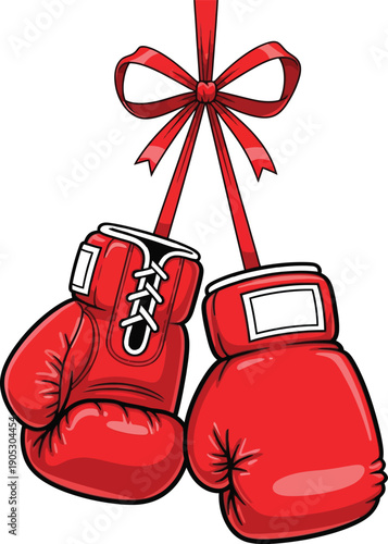 Hand drawn vector illustration of a pair of red boxing gloves hanging with a ribbon bow