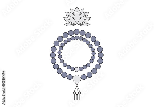 Stylized drawing of a lotus flower above two loops of prayer beads