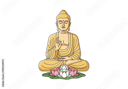 Stylized illustration of a golden Buddha seated in meditation atop pink and white lotus flowers