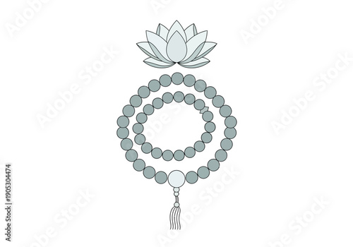 Stylized white lotus flower above looped gray prayer beads with tassel