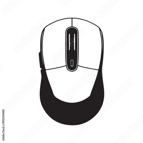 Modern black wireless computer mouse with scroll wheel and two side buttons for enhanced navigation Isolated vector on white background.
