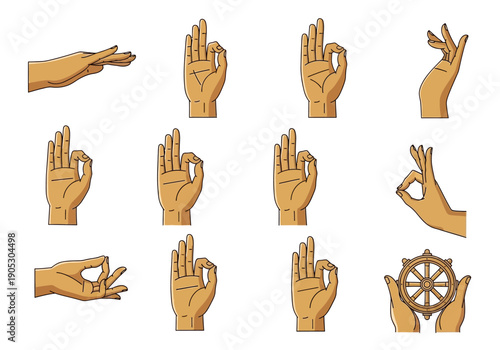 Twelve illustrations of hands in various positions mostly forming mudras and one pair holding a wheel