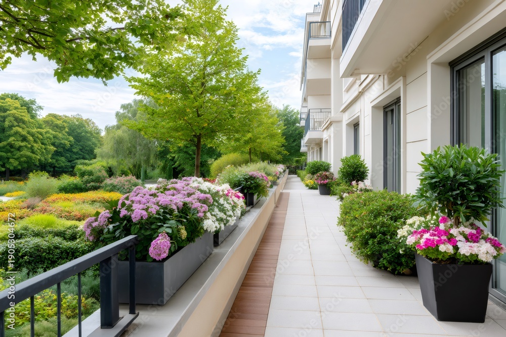 Naklejka premium Long apartment balcony with blooming flowers and green trees