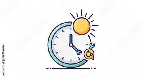 Cartoon clock with wrench and smiling chat bubble under sunny sky