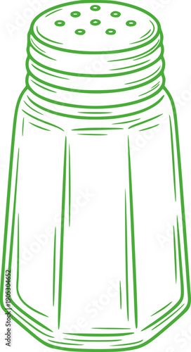 Hand drawn green outline of a hexagonal salt shaker with holes container kitchen