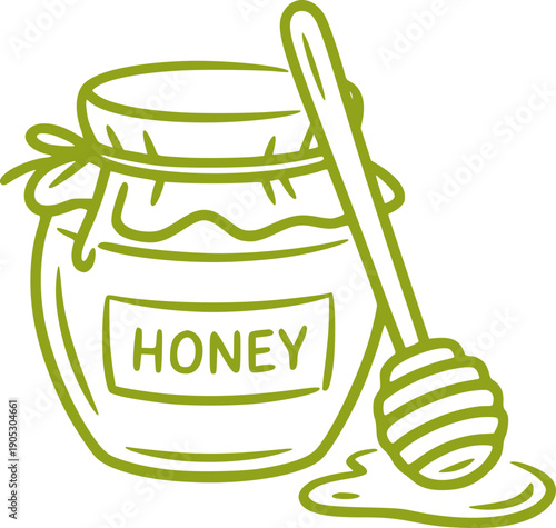 Green outline honey jar with dipper and spilled honey liquid