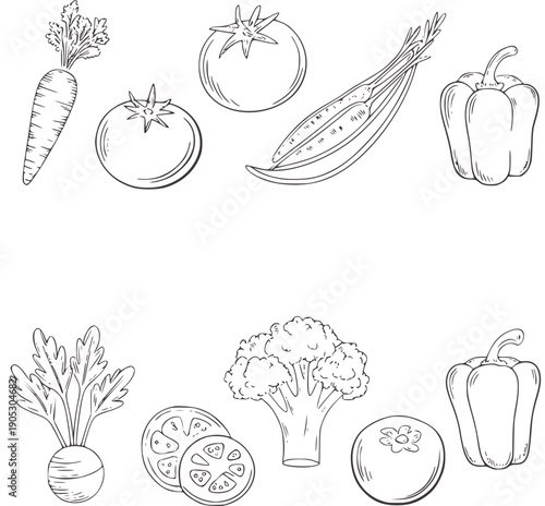Hand drawn of assorted fresh vegetables carrot tomato pepper broccoli beetroot