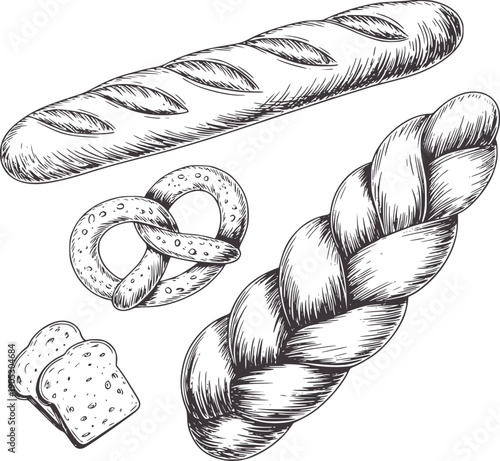Hand drawn of baguette pretzel challah and sliced bread