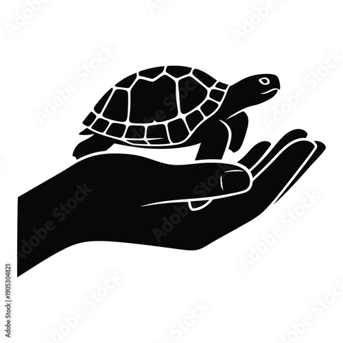 Conservation concept: a gentle sea turtle resting on a protective hand, symbolizing care for wildlife.