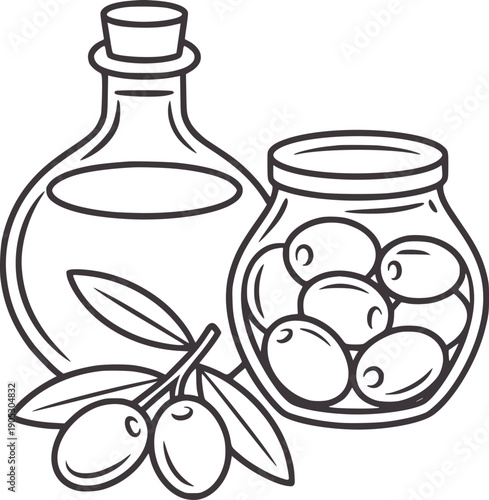 Olive oil bottle jar and branch with olives line