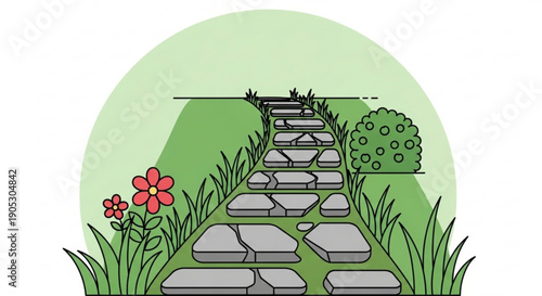 Serene stone pathway winding through lush green grass and vibrant flowers in a peaceful garden setting with natural scenery