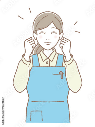 笑顔でガッツポーズするエプロン姿の女性 介護士 ヘルパー 医療福祉スタッフ イラスト