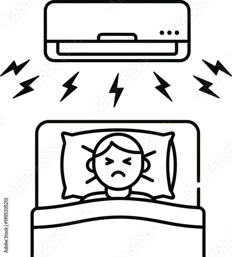 Frustrated person trying to sleep while noisy air conditioner unit makes loud sounds