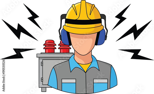 Industrial worker wearing safety gear like a hard hat and ear muffs to protect against noise.