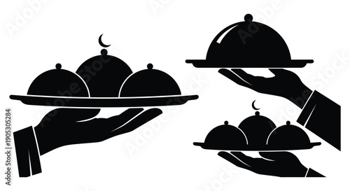 Hands serving food under cloche lids in a minimalist black and white illustration