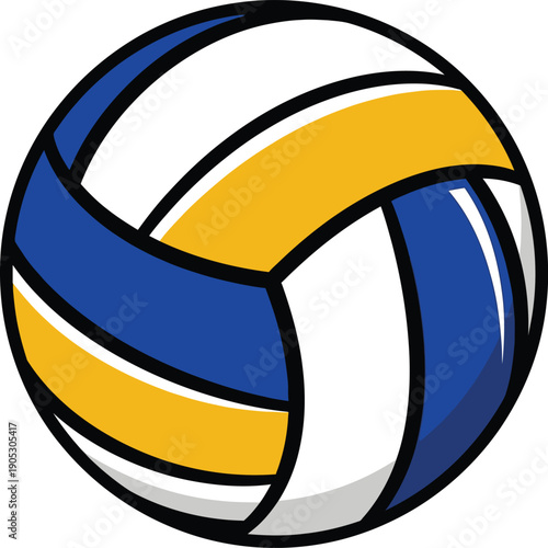 A colorful volleyball with blue, yellow, and white panels isolated on a white background