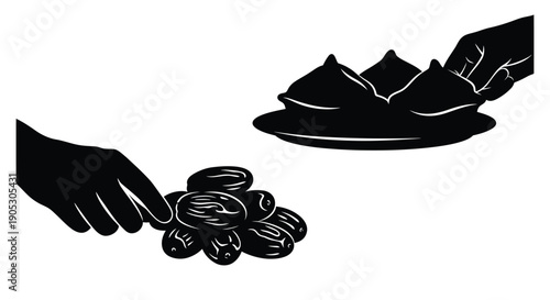 Hand holding coffee beans near a cup on a saucer in a minimalist black and white illustration