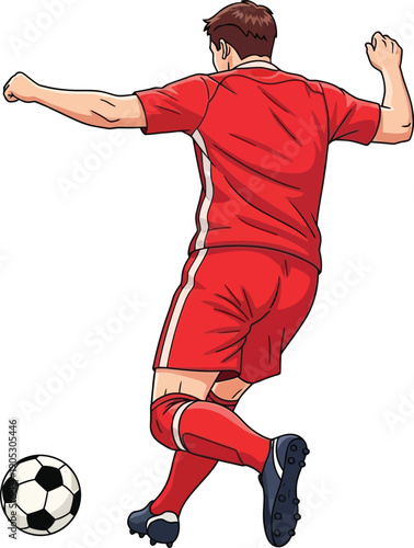 Pixel art illustration of a professional male soccer player wearing a red kit kicking a ball