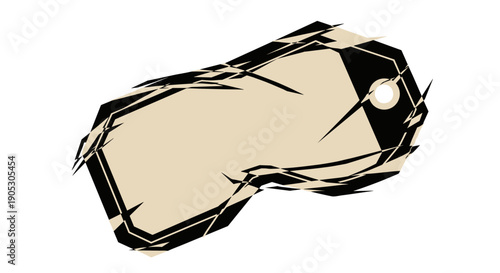 Abstract illustration of a warped label tag with jagged edges, isolated on a white background, featuring a cutout hole for string attachment