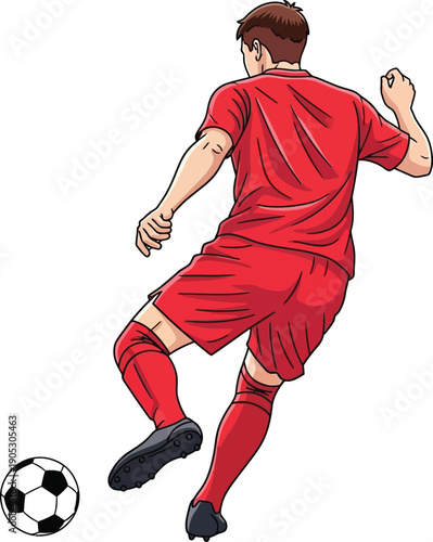 A pixel art illustration of a soccer player in a red uniform dribbling a football on a white background.