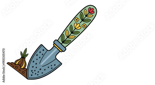 Illustration of a decorative trowel planting a bulb in soil, isolated on a white background, planter
