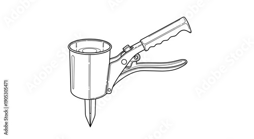 Illustration of a bulb planter tool isolated on a white background with detailed line art and ergonomic handle design
