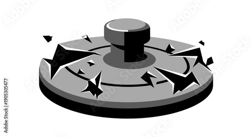 Gray crushed lid with jagged edges isolated on a stark white background, showcasing a shattered and fragmented design