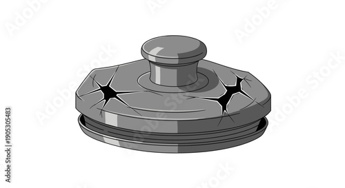 Crushed lid with visible cracks isolated on a white background, highlighting damage and texture in a detailed illustration