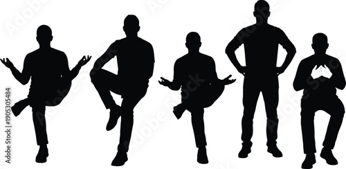 Black silhouette men standing and sitting poses, human body language concepts, people gestures icons isolated on white background, studio vector