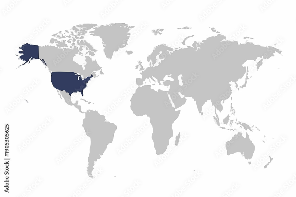 Fototapeta premium Full 2D World Map Vector with USA Highlighted in Navy Blue.