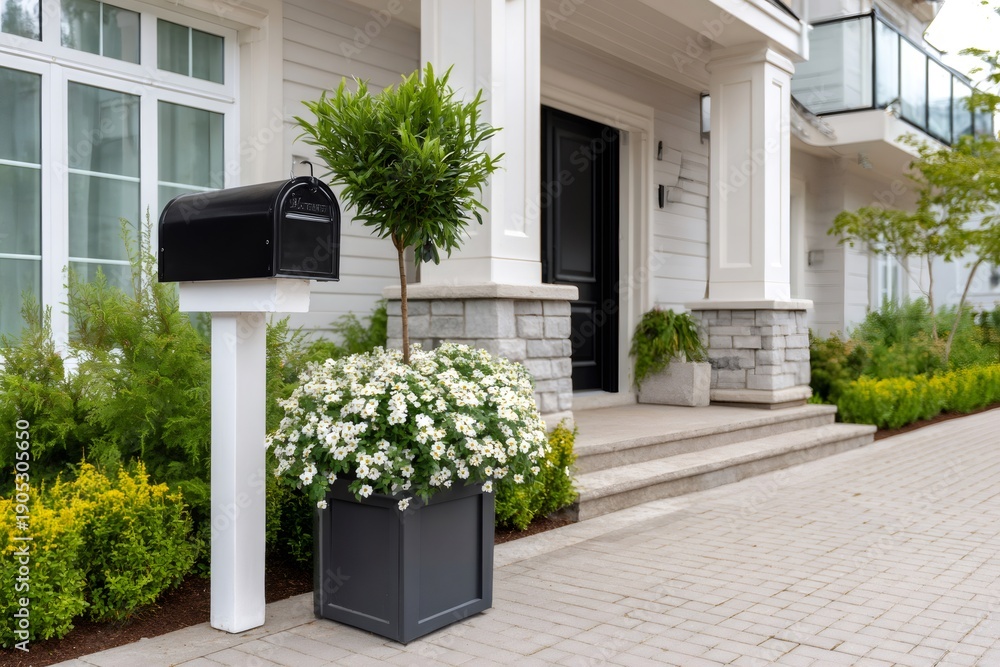 Naklejka premium Modern home entrance with mailbox, plants, and driveway