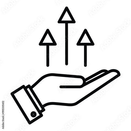 Business growth and investment concept: a hand supporting upward trending arrows.