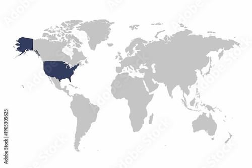Full 2D World Map Vector with USA Highlighted in Navy Blue.